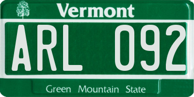 VT license plate ARL092