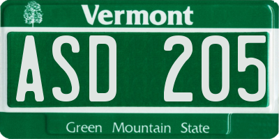 VT license plate ASD205