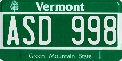 VT license plate ASD998