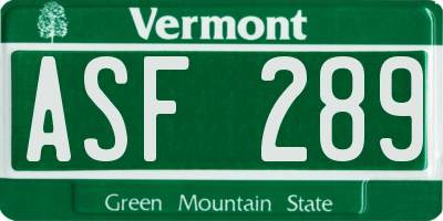 VT license plate ASF289