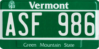 VT license plate ASF986