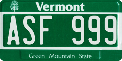VT license plate ASF999
