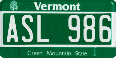 VT license plate ASL986