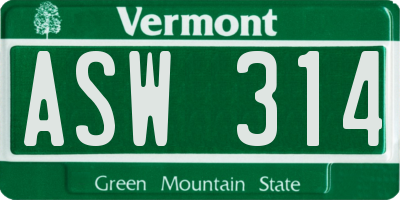 VT license plate ASW314
