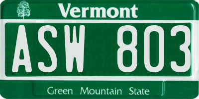 VT license plate ASW803