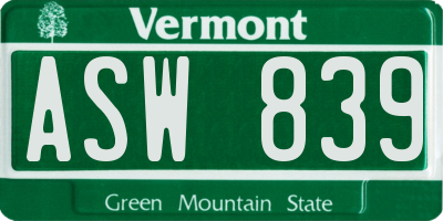 VT license plate ASW839