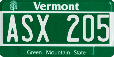 VT license plate ASX205