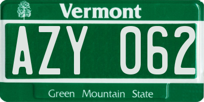 VT license plate AZY062