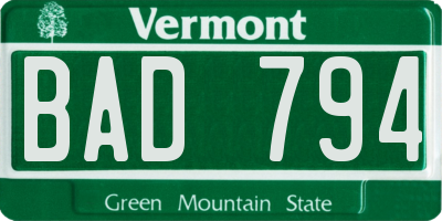 VT license plate BAD794