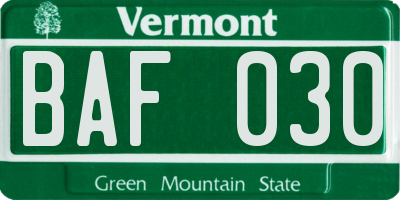 VT license plate BAF030