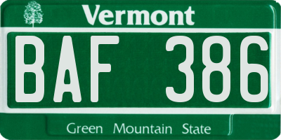 VT license plate BAF386