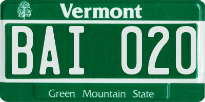 VT license plate BAI020