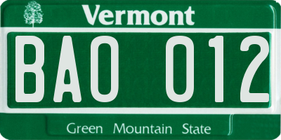 VT license plate BAO012