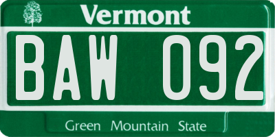 VT license plate BAW092