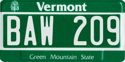 VT license plate BAW209