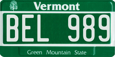 VT license plate BEL989