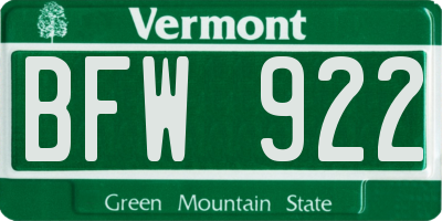VT license plate BFW922