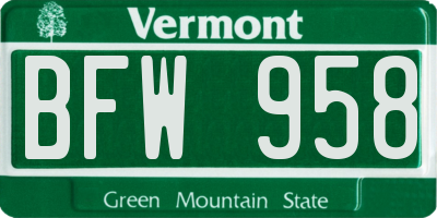 VT license plate BFW958