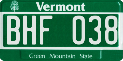VT license plate BHF038