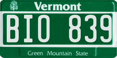 VT license plate BIO839