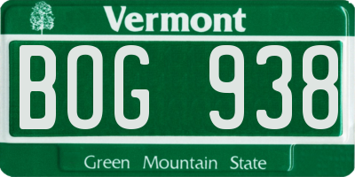 VT license plate BOG938