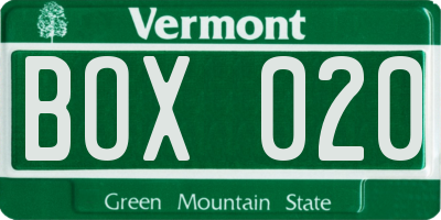 VT license plate BOX020