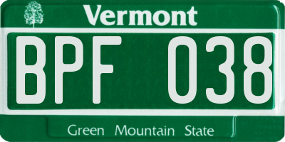 VT license plate BPF038