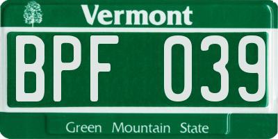 VT license plate BPF039