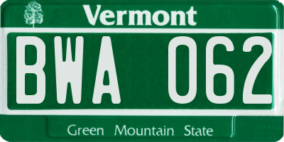 VT license plate BWA062