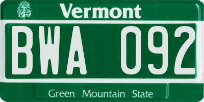 VT license plate BWA092