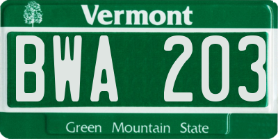 VT license plate BWA203