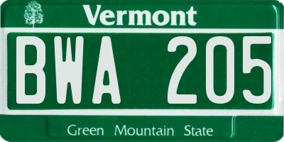 VT license plate BWA205