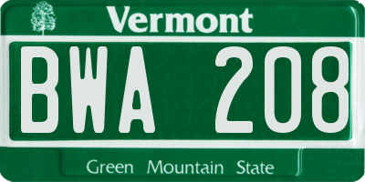 VT license plate BWA208