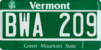 VT license plate BWA209