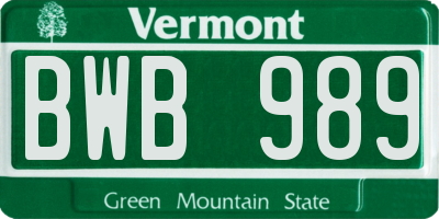 VT license plate BWB989
