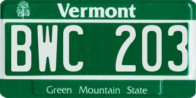 VT license plate BWC203