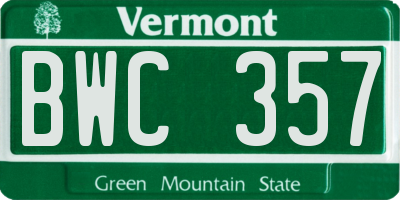 VT license plate BWC357