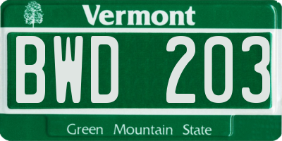 VT license plate BWD203