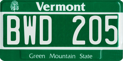 VT license plate BWD205