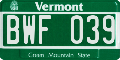 VT license plate BWF039