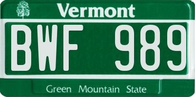 VT license plate BWF989