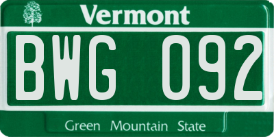 VT license plate BWG092