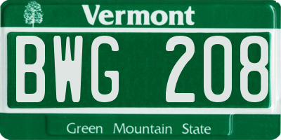 VT license plate BWG208