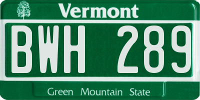 VT license plate BWH289