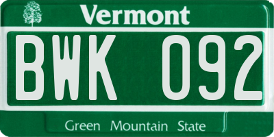 VT license plate BWK092