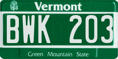 VT license plate BWK203