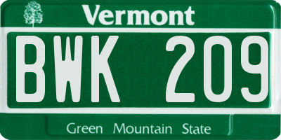 VT license plate BWK209