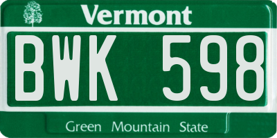 VT license plate BWK598