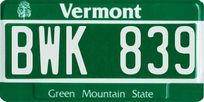 VT license plate BWK839