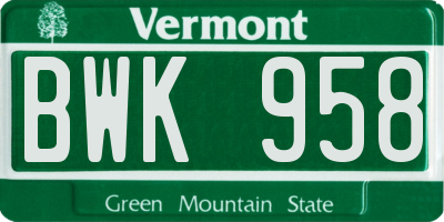 VT license plate BWK958